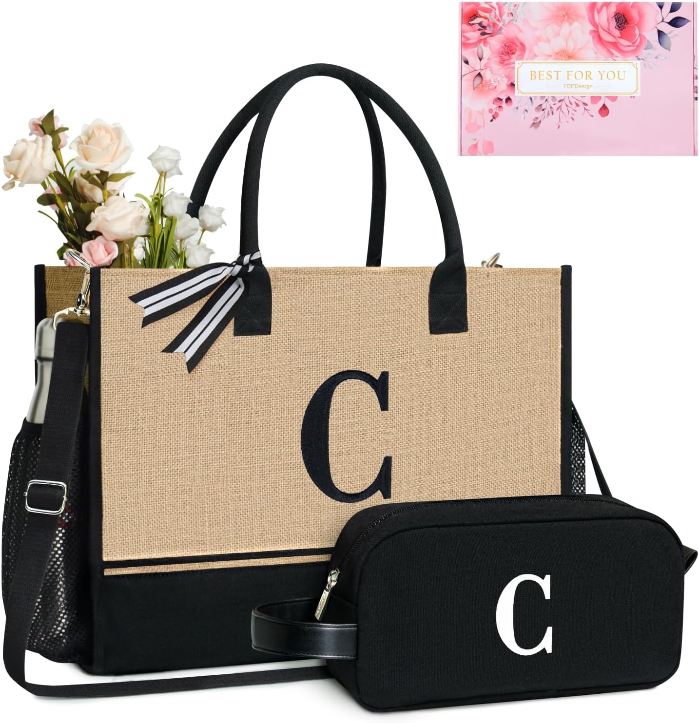TOPDesign Personalized Initial Canvas Tote Bag, for Wedding, Birthday, Beach, Perfect Gifts for Women, Mom, Teachers, Friends