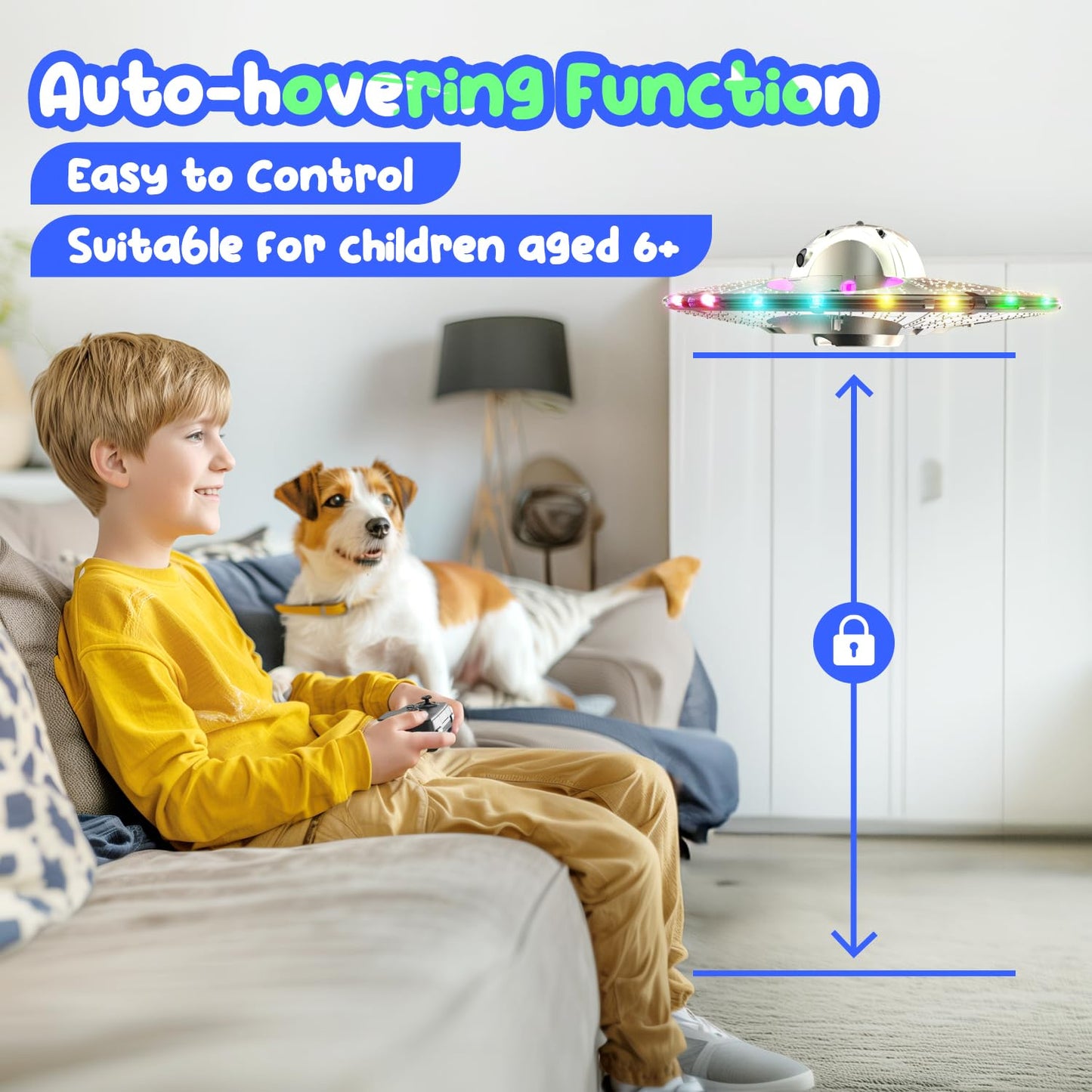 Foam UFO Drone for Kids – RC Plane with Colorful LED Lights, Remote Control Helicopter with Auto Hover, 2 Batteries (15 Mins Flight)
