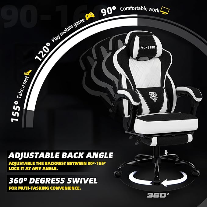 Vonesse Gaming Chair, Reclining Fabric Gaming Chairs for Adults 250LBS, Office Chair with Pocket Spring Cushion, Computer Chair with Footrest and Massage Lumbar Support (White/Black)