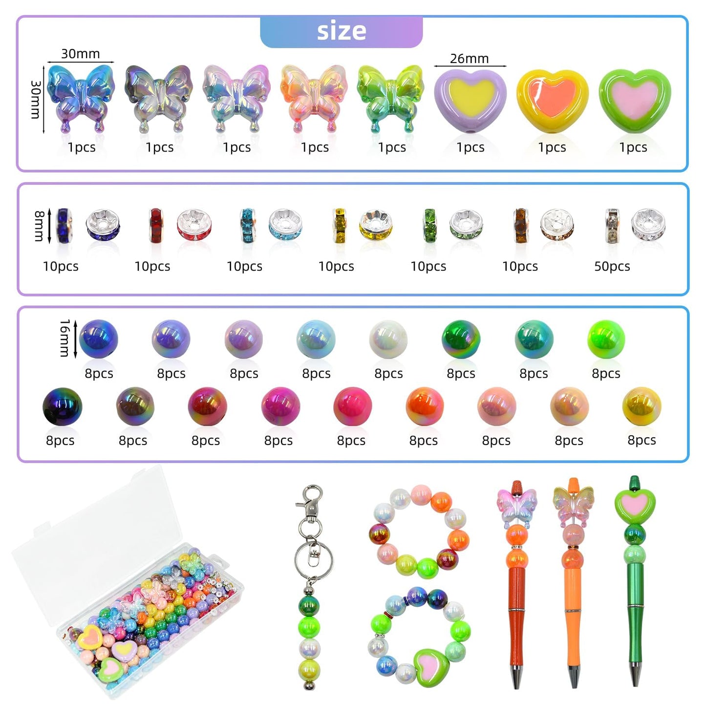 254 Pieces Beads for Pens - 16MM Acrylic Loose Bead Bulk Set - Beads Kit for Crafts - Fit for Jewelry Making, Bracelets, Beadable Pens, and Focal Bead for DIY Supplies