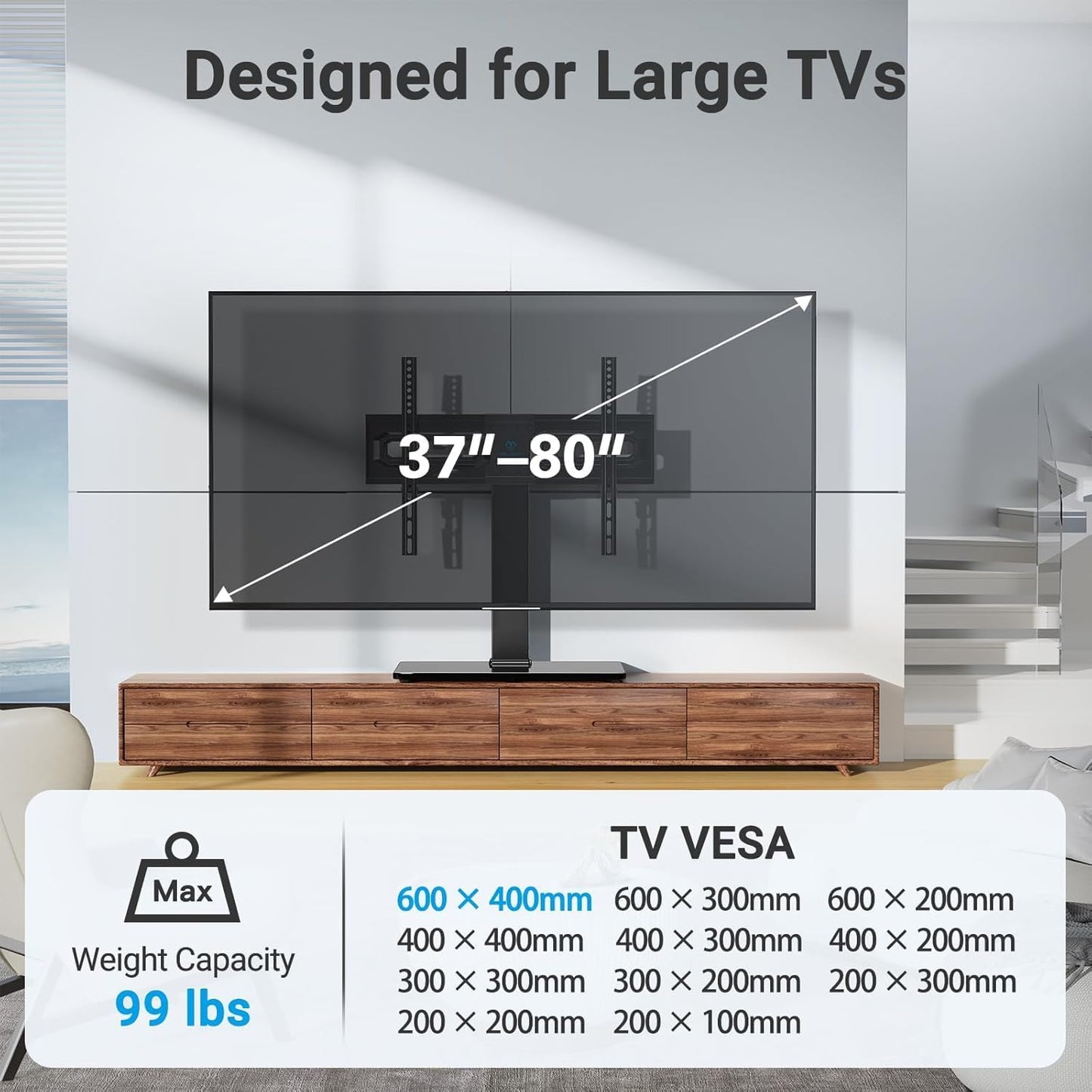 PERLESMITH Universal Swivel TV Stand Mount for 37-80 Inch LCD OLED Flat/Curved Screen TVs-Height Adjustable Table Top TV Stand/Base with Wire Management,VESA 600x400mm up to 99lbs,PSTVS35