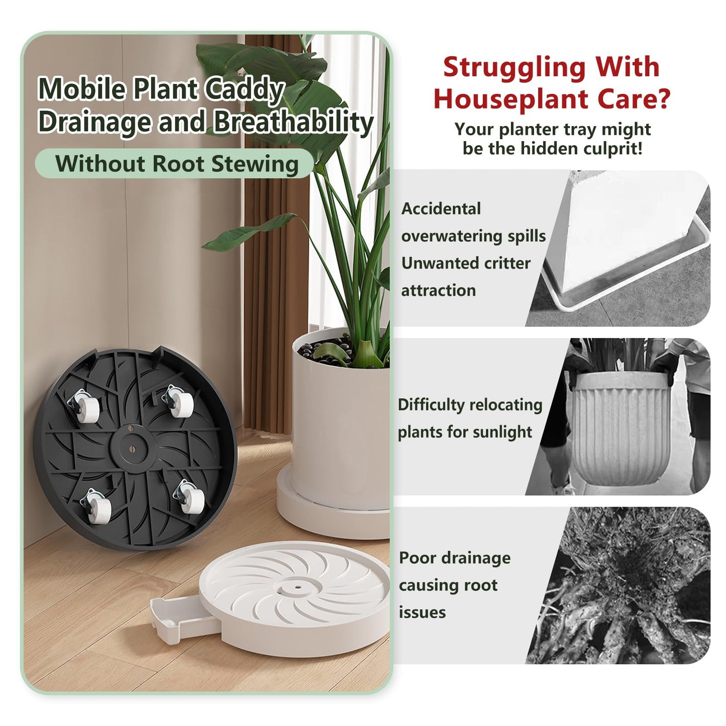 MCleanPin 2 Pack Plant Caddy with Hidden Wheels, 13" Heavy Duty Rolling Plant Stand with Removable Drainage Tray and Silent Casters Round Flower Pot Mover Planter Dolly for Indoor Outdoor White