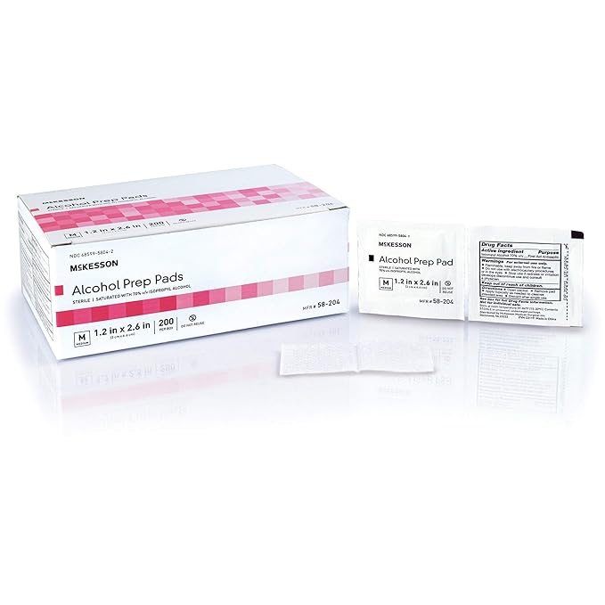 McKesson Alcohol Prep Pads [Pack of 4000] 70% Isopropyl, Individually Wrapped Wipes, Sterile, Medical-Grade, First Aid, Medium, 200 Count, 20 Boxes