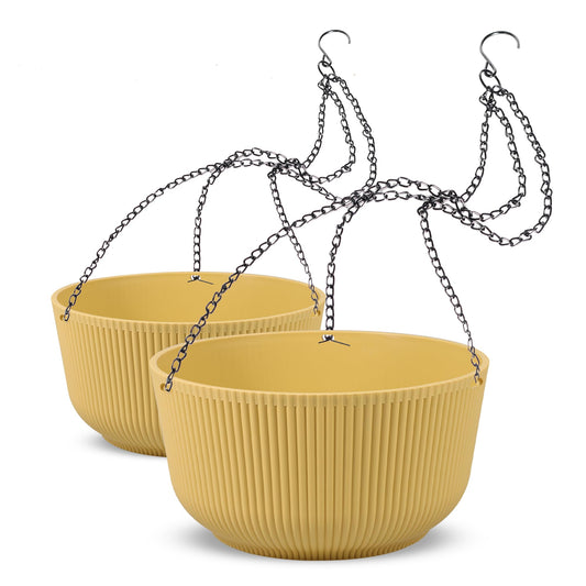 Dexceder 11.2 Inch Self Watering Hanging Planters Indoor Outdoor, Thickened Hanging Basket Flower Plant Pot (2 Pack, Yellow)