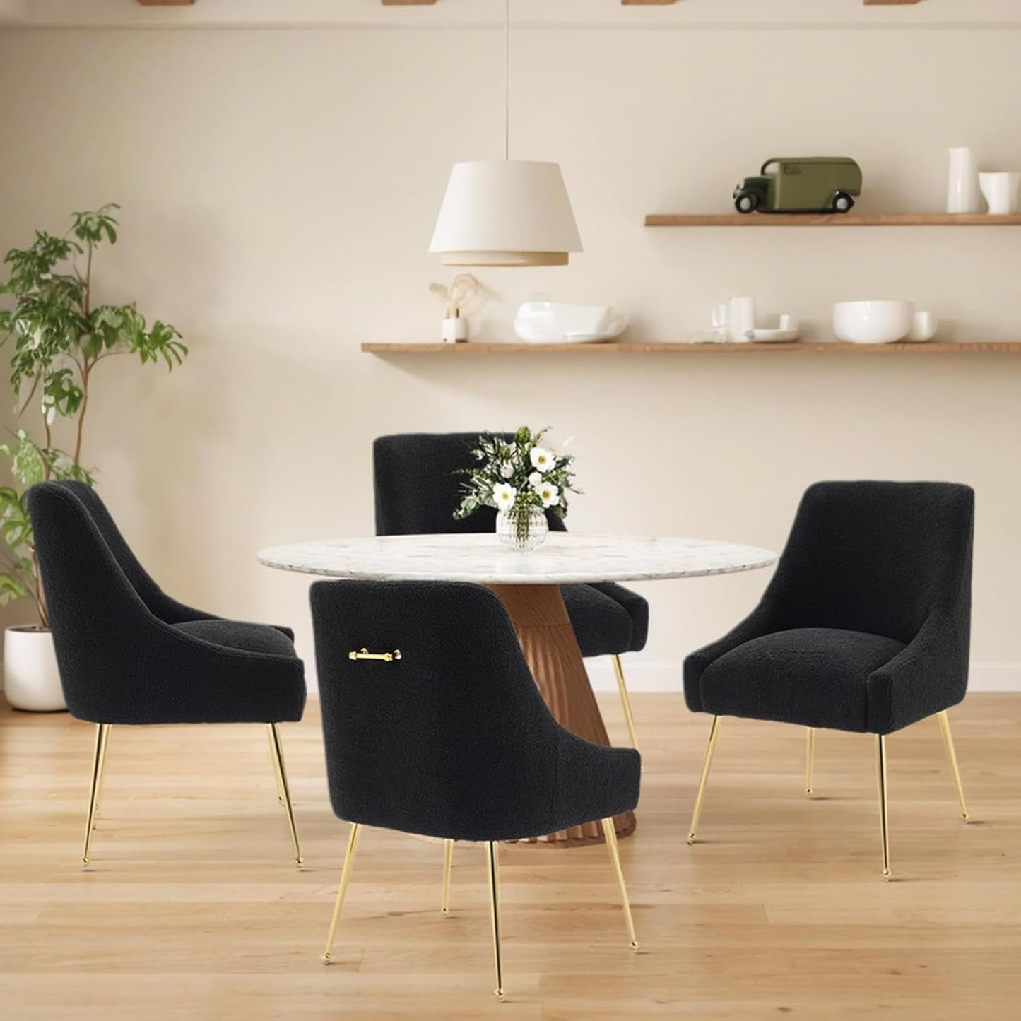 Modern Velvet Dining Chairs Set of 4, Contemporary Upholstered Furniture Collection with Polished Gold Metal Legs, Elegant Accent Chairs for Kitchen Living Room(Teddy Fleece,Black)