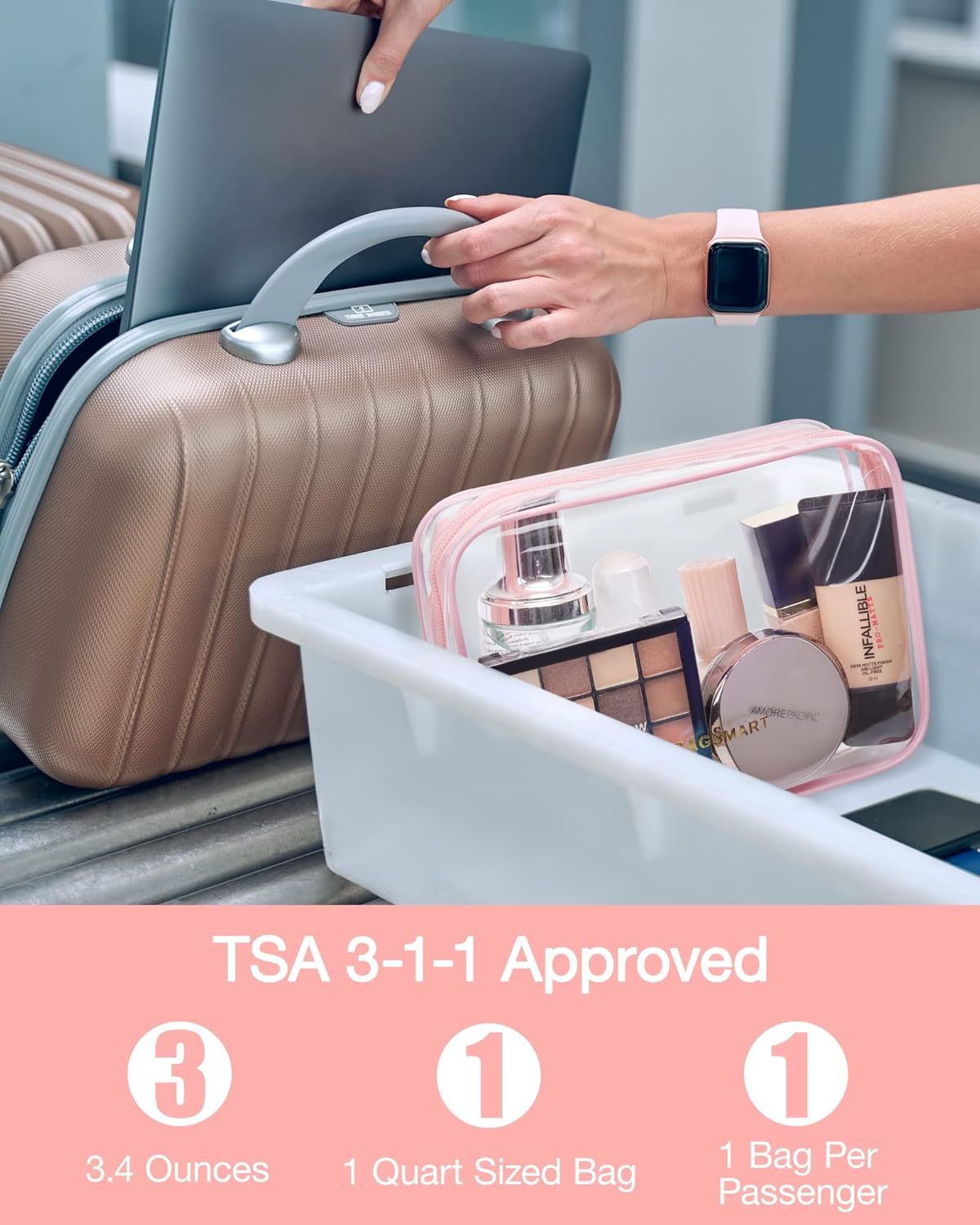 BAGSMART Clear Toiletry Bag, 3 Packs TSA Approved Water-resistant Quart Size Travel Organizer, Airport Airline Travel Essential Carry-On Makeup Cosmetic Bags for Women, Pink
