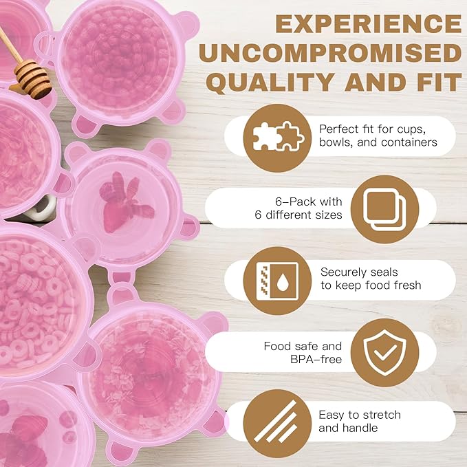 Reusable Silicone Stretch Lids – 18PCS Round & Square Stretchy Food Covers, Airtight & Leakproof, Microwave & Dishwasher Safe Pink