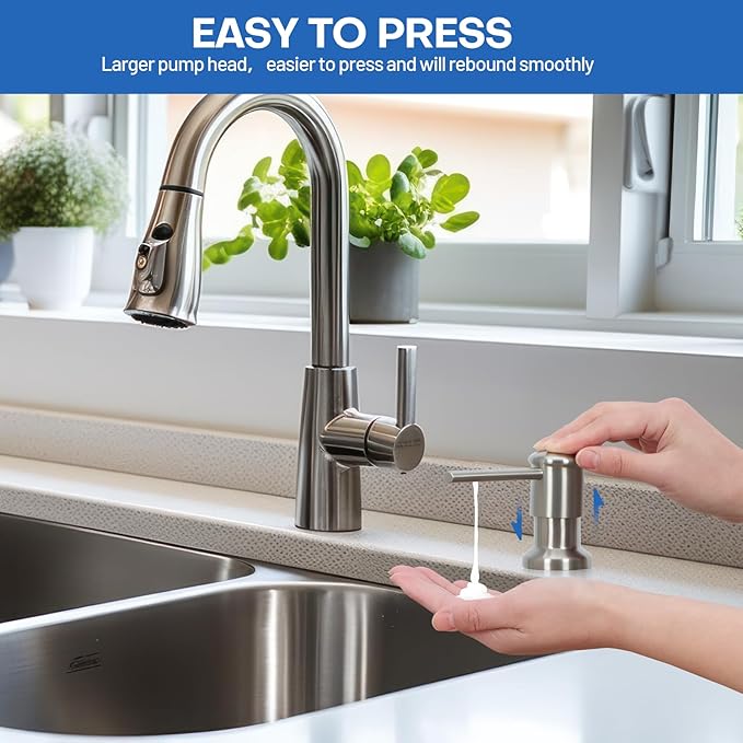 Soap Dispenser for Kitchen Sink, Brushed Nickel Built in Pump Soap Dispensers, Stainless Steel Sink Soap Dispenser or Lotion Dispenser Pump with Above The Sink Refillable 17OZ Large Liquid Bottle