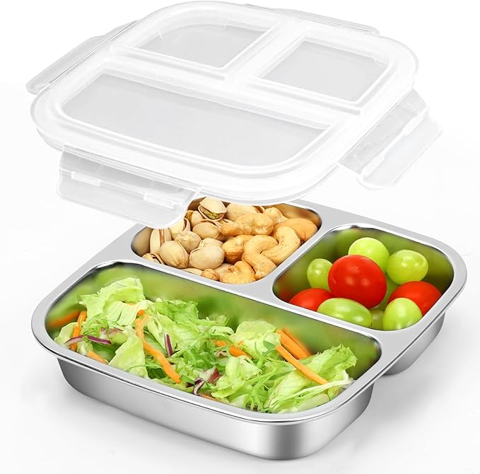 RAOOKIF Stainless Steel Snack Containers With Lids, 3 Compartment Leak-proof Food Storage Containers, 20 oz Reusable Grab and Go Snack Box for School, Home, Office, and Camping, Dishwasher-Safe