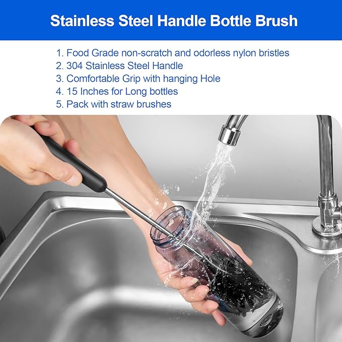 3 Pack Bottle Brush Set, Long Handle Baby Bottle Brush Cleaner with Straw Brush and Lid Brush, Water Bottle Scrubber, Kitchen Scrub Cleaning Brushes for Cups, Coffee Mugs, Tumblers, Thermos