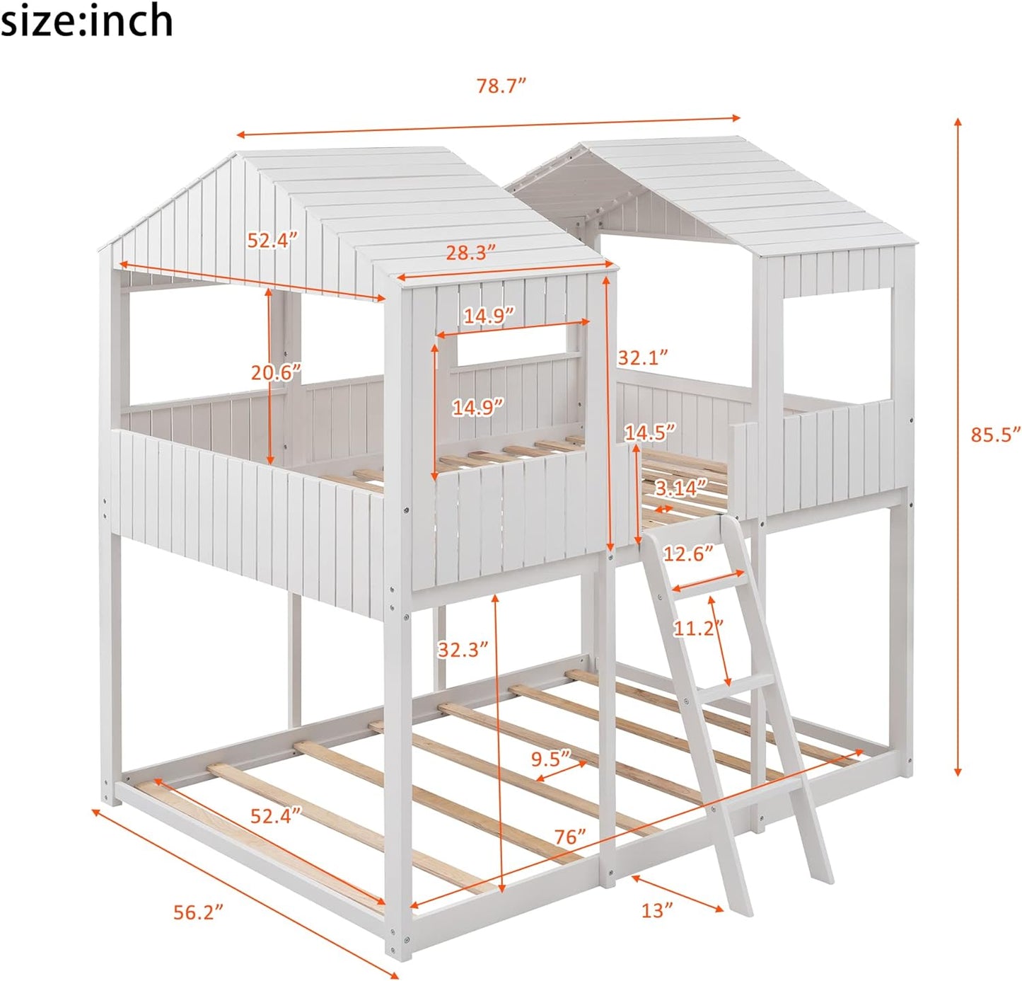 Ball & Cast Full Over Full Size Playhouse Bunk Bed with Roof and Window,Wood Bunkbed w/Full-Length Guard Rail & Ladder,Slat Support,Space Saving,Bedroom Furniture for Student Dorms,White