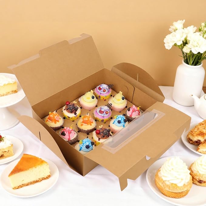 FORBFAN Cupcake Boxes 12 Count with Handle, 30 Pcs Kraft Portable Muffin Boxes, Gable Party Favor Treat Boxes for Wedding Birthday Party