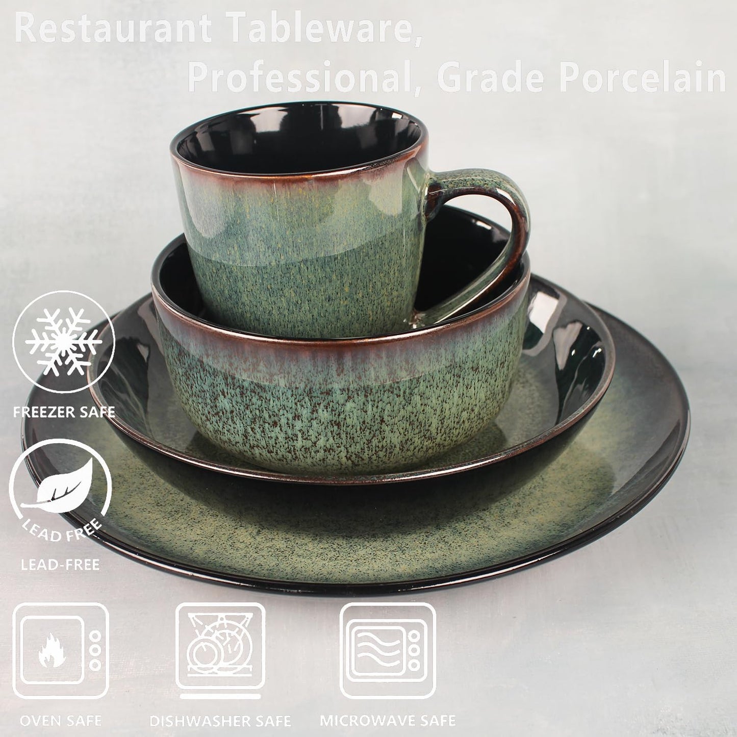 Dinnerware Sets(16Pcs) Serves for 4, Reactive Glaze Plates and Bowls Set with Mug,8.3"Salad Plate,10.6"dinner Plate,5.5"bowl, Modern kitchen tableware,Microwave safe, Set No.2