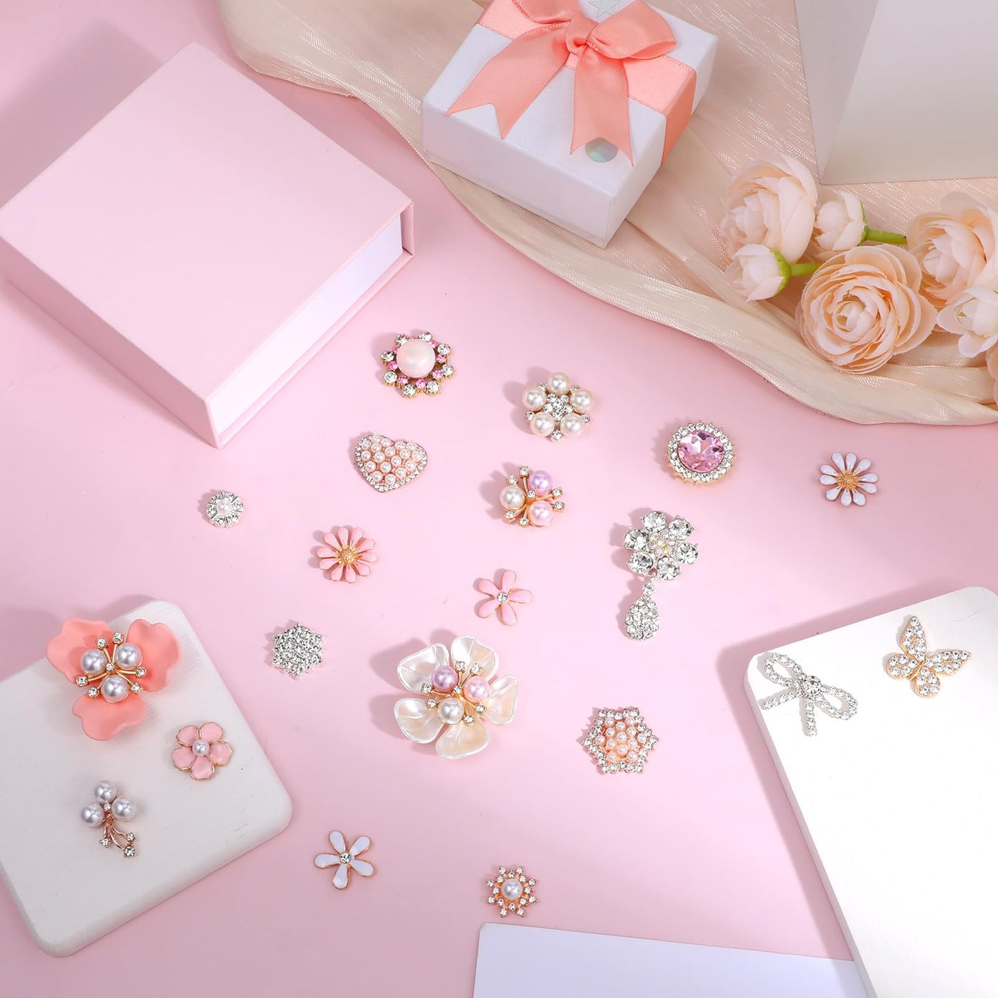 96 Pcs Rhinestone Buttons for Crafts Pink Faux Pearl Embellishments Buttons Butterfly Flower Brooch for Jewelry Making DIY Wedding Bags Supplies