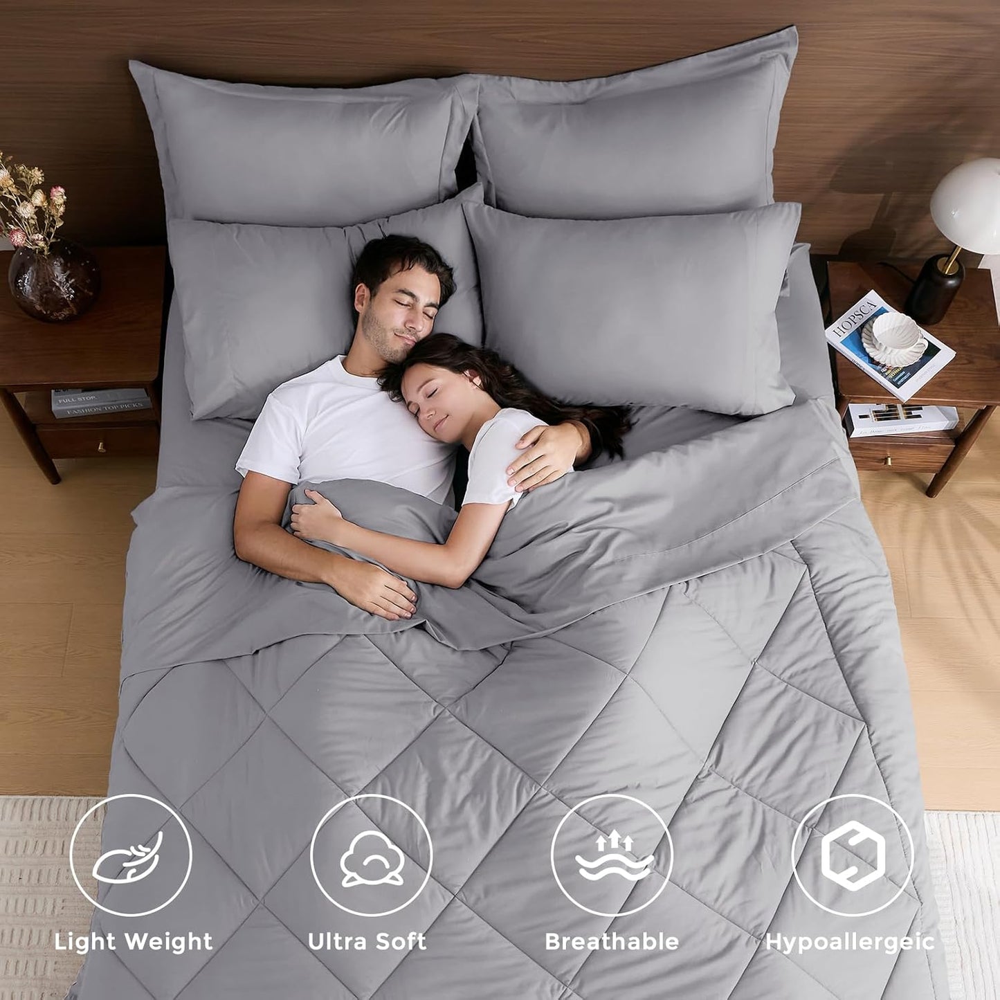 HEVUMYI Light Grey King Comforter Set - 7-Piece All Season Bed in a Bag King, Ultra Soft Bedding Set with Comforter, Flat Sheet, Fitted Sheet, Pillowcases, Pillow Shams, Light Gray