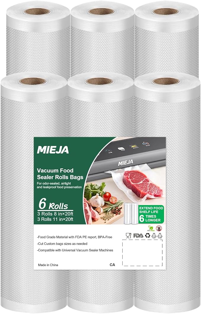 Vacuum Sealer Rolls Bags, 6 Pack 3 Rolls 11" x 20' & 3 Rolls 8" x 20' Commercial Grade BPA Free Bag Rolls, Durable Customized Size Food Vac Bags for Meal Prep, Storage and Sous Vide Cooking
