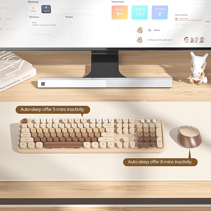 Wireless Keyboard and Mouse Set, Retro Typewriter Keyboard, 2.4GHz Full Size 104-Key Cute Keyboard with Number Pad, Colorful Keyboard with Round Keycaps for Windows PC Laptop(Coffee)
