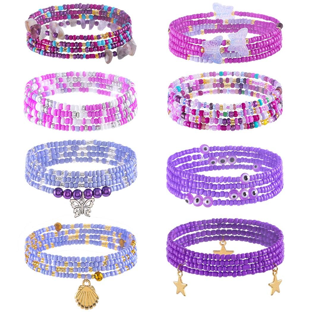 ELABEST 24-39inch African Waist Beads for Women 8Pcs Elastic Belly Beads Colorful Beaded Waist Jewelry Accessories Body Chain (Purple, 39.3inch/100cm)