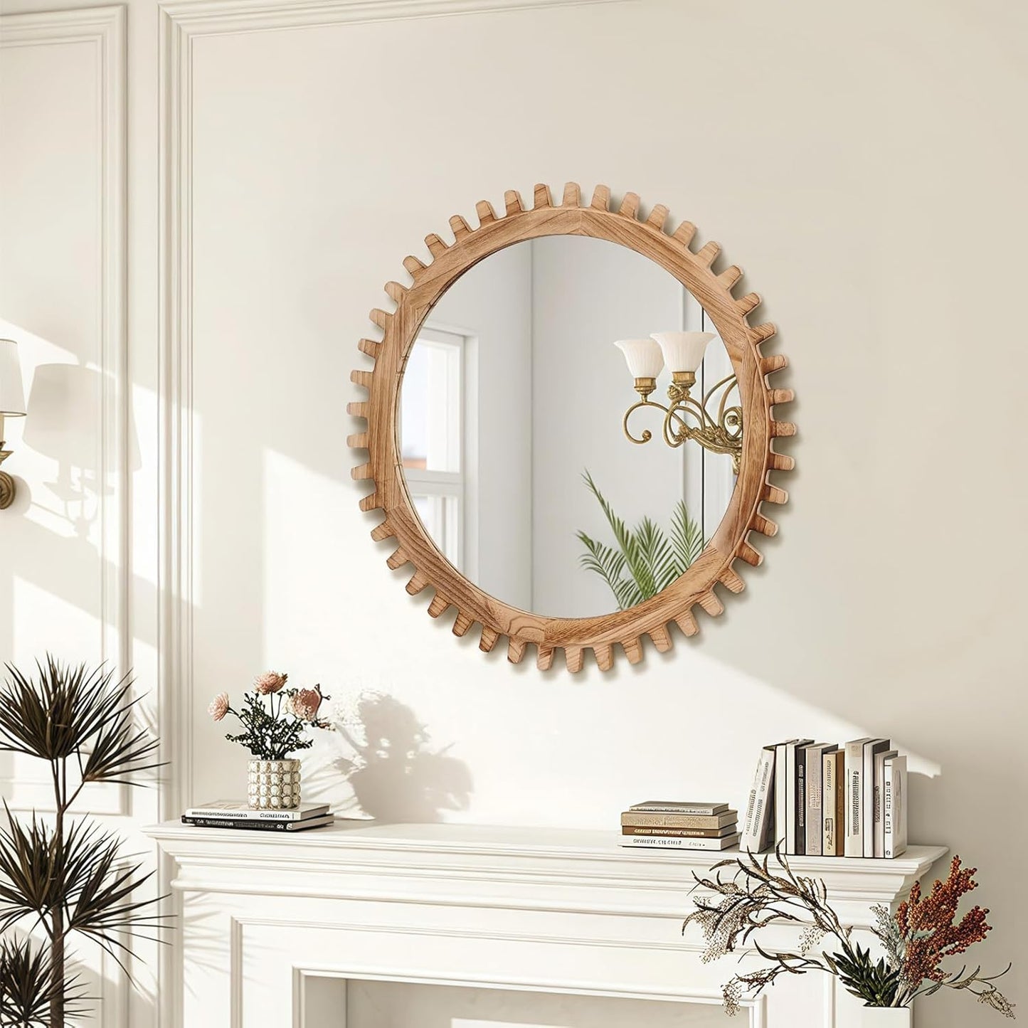ULIKE Round Wood Mirror, 24 Inch Rustic Farmhouse Circle Mirror with Wooden Frame, Mordern Wall Decor for Bathroom Nursery Bedroom Living Room Entryway, Brown