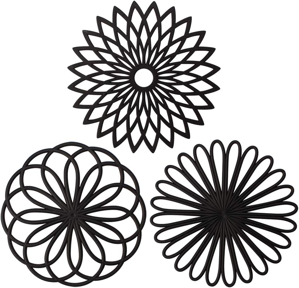 ME.FAN Silicone Trivet Mat - Kitchen Hot Pads for Pots & Dish - Insulated Teapot Trivet - Flexible, Durable, Non-Slip Large Coasters 3 Set Black
