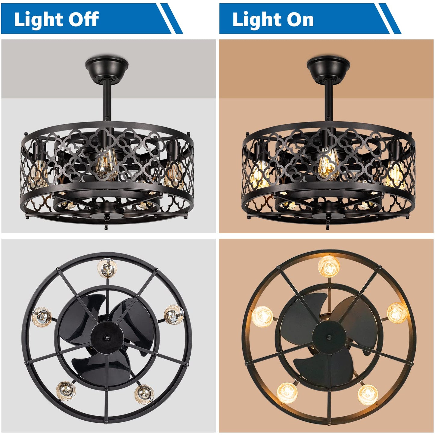 Sunvie Caged Ceiling Fan With Lights Remote Control 21In Industrial Bladeless Enclosed Ceiling Fan Light With Reversible Motor F