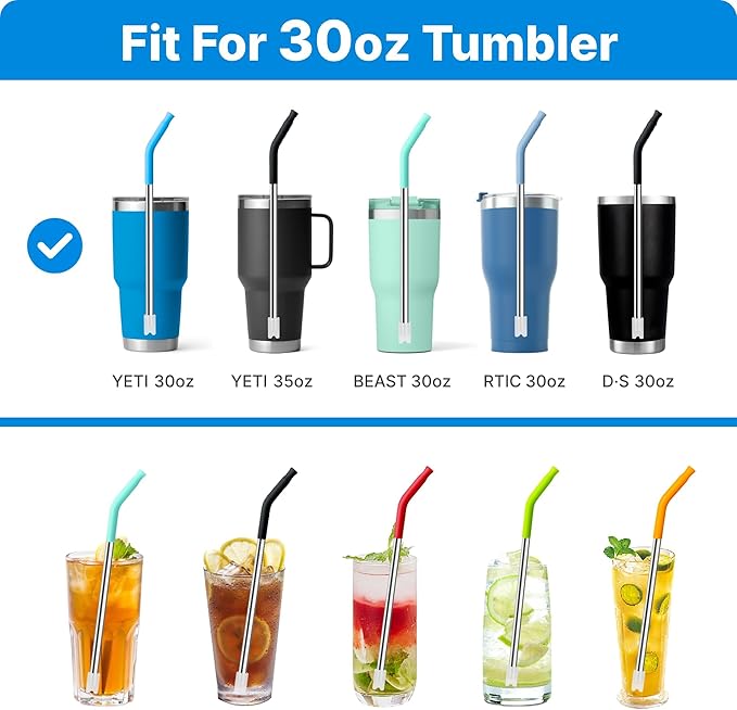 Metal Straws with Silicone Tip for 30 oz YETI Tumbler, 4 Pcs Reusable Stainless Steel Straws for 30 oz 35 oz YETI Cup(Color 4)