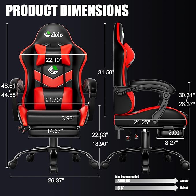 Gaming Chair with Footrest Racing Style Lumbar Support Massager Video Game Chair with Metal Legs, High Back Gamer Chair with Headrest, 360° Swivel Office Computer Desk Chair, Bright Red