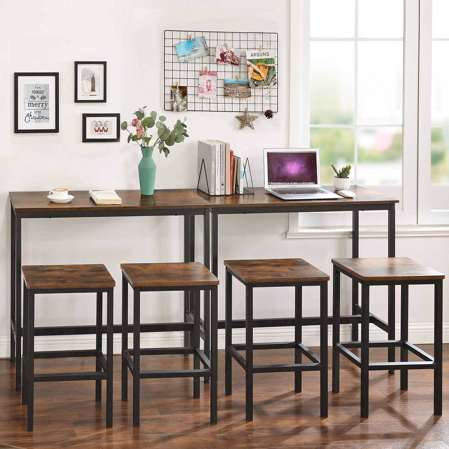 VASAGLE Bar Table, Narrow Long Kitchen Dining Table, Sturdy Metal Frame, Industrial, 15.7 x 39.4 x 35.4 Inches, Rustic Brown and Ink Black ULBT10X