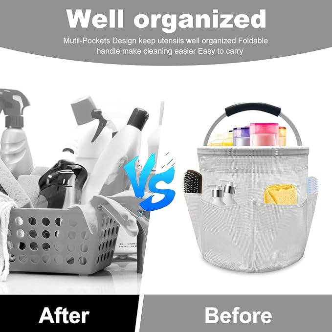 Qivine Cleaning Caddy for Cleaning Supplies, 17L Cleaning Supply Caddy with Handle Foldable Cleaning Supplies Organizer Bucket Tool Bag Organizer Cleaning Products Organizers for Home, Garden (White)