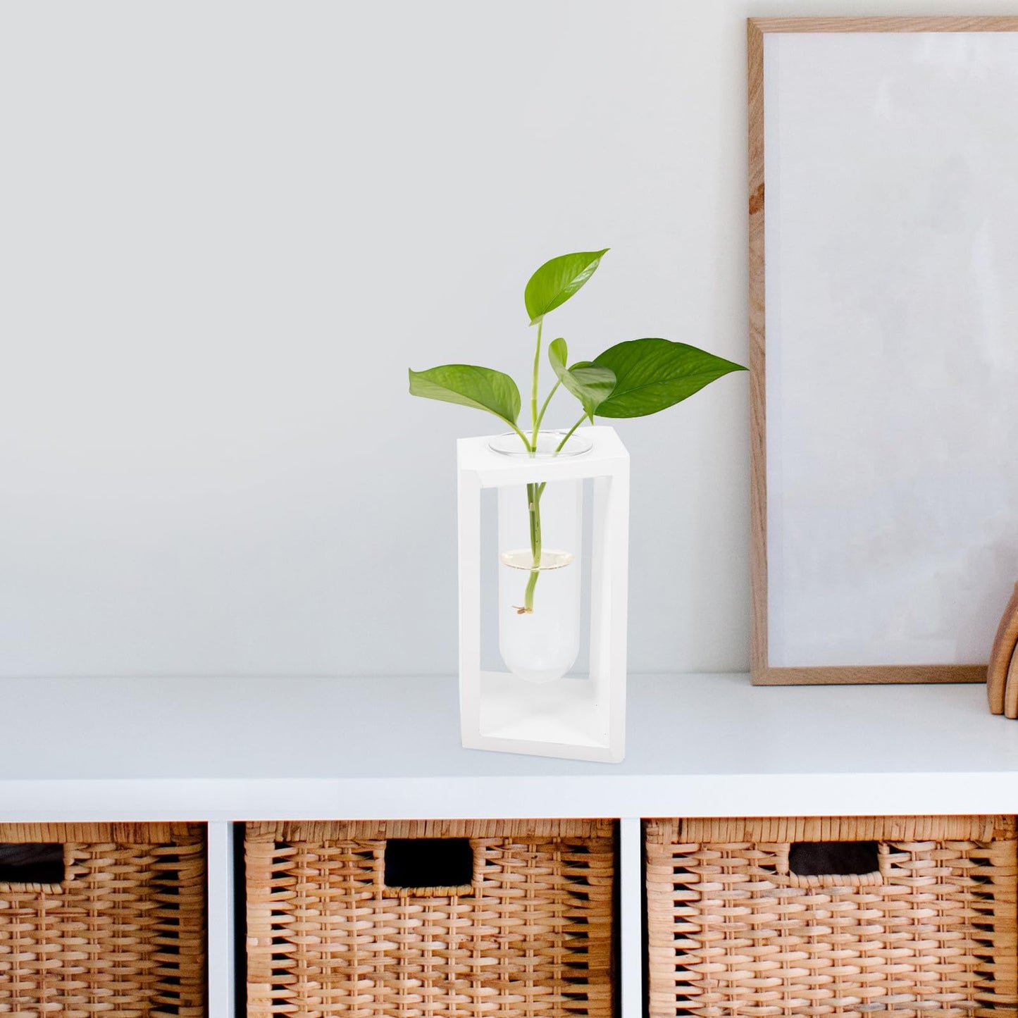 Holibanna Wood Frame Test Tube Propagation Vase, Nordic Style Glass Plant Terrarium with White Stand for Hydroponic Indoor Home Décor and Green Plant Display