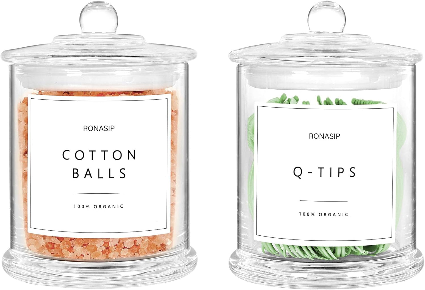 Qtip Holder & Cotton Pad Dispenser, Bathroom Organizer and Storage Canisters, 16oz Glass Apothecary Jars for Kitchen, Restroom - Home Decor, Room Decor Aesthetic (2 Pack, Transparent)