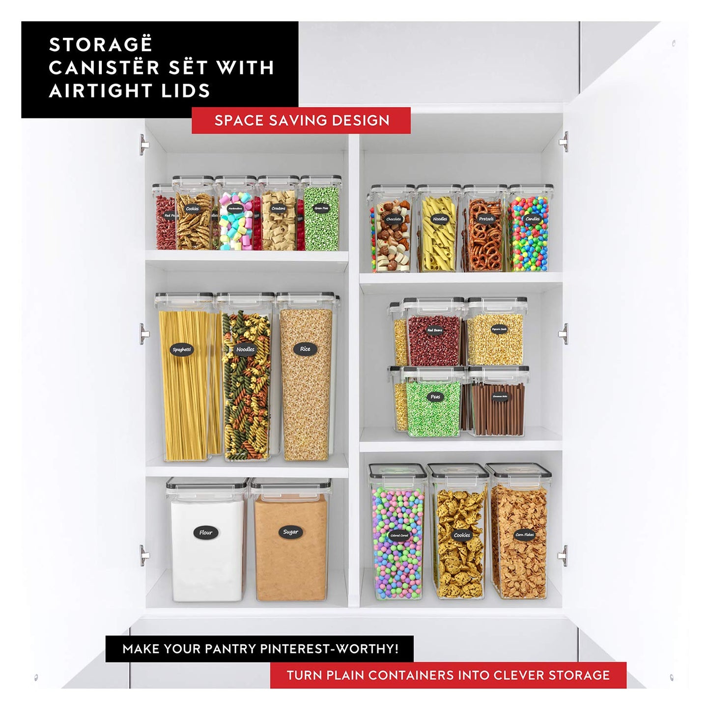 DWËLLZA KITCHEN Flour Sugar Storage Containers Set of 4; 3.6L Plastic Airtight Food Storage Containers with Lids for Kitchen Pantry Organization and Storage - Dry Food Containers, Labels & Marker