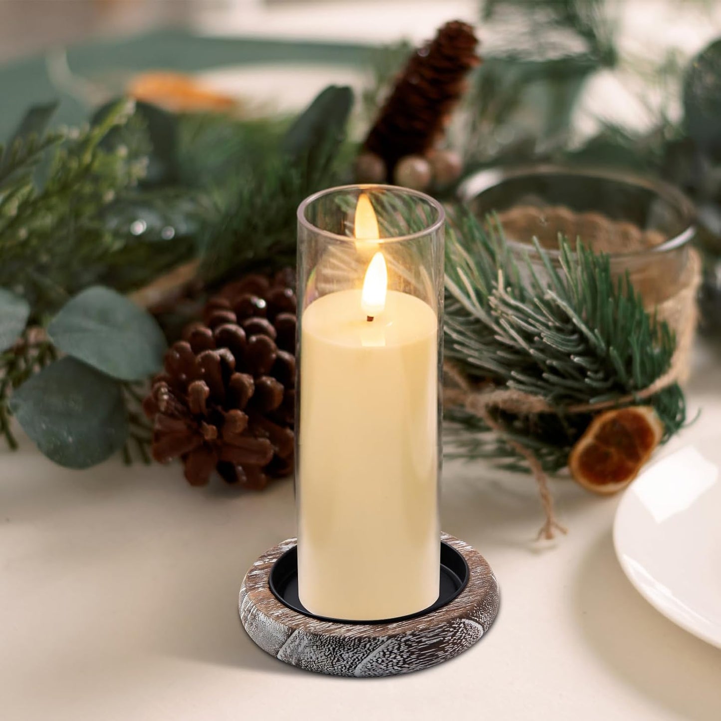 Wood Candle Holder Farmhouse Decor Wooden Pillar Candles Tray for Table Centerpiece Small Decorative Tray Riser Round Wooden Plate Pedestal Stand for Coffee Table for Christmas Decor-Bai-2