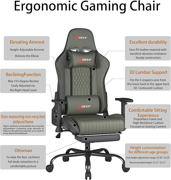 Video Game Chair with Footrest Ergonomic Comfortable Gaming Office Chair Height-Adjustable with a 360° Swivel Base and Headrest(1002-Grey)