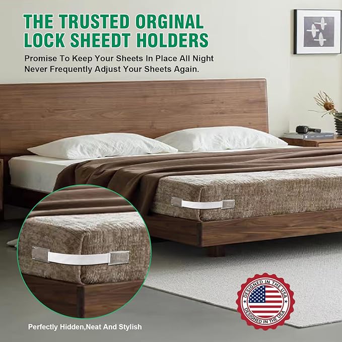 Bed Sheet Holders for Corners, 4Pcs Heavy Duty Fitted Sheet Holder with Lock Fastener Straps &Anti-Slip Pads Keep Sheets Firm&Tight, No More Loose Sheets, Easy Installation for Any Mattress(Deep Gray)