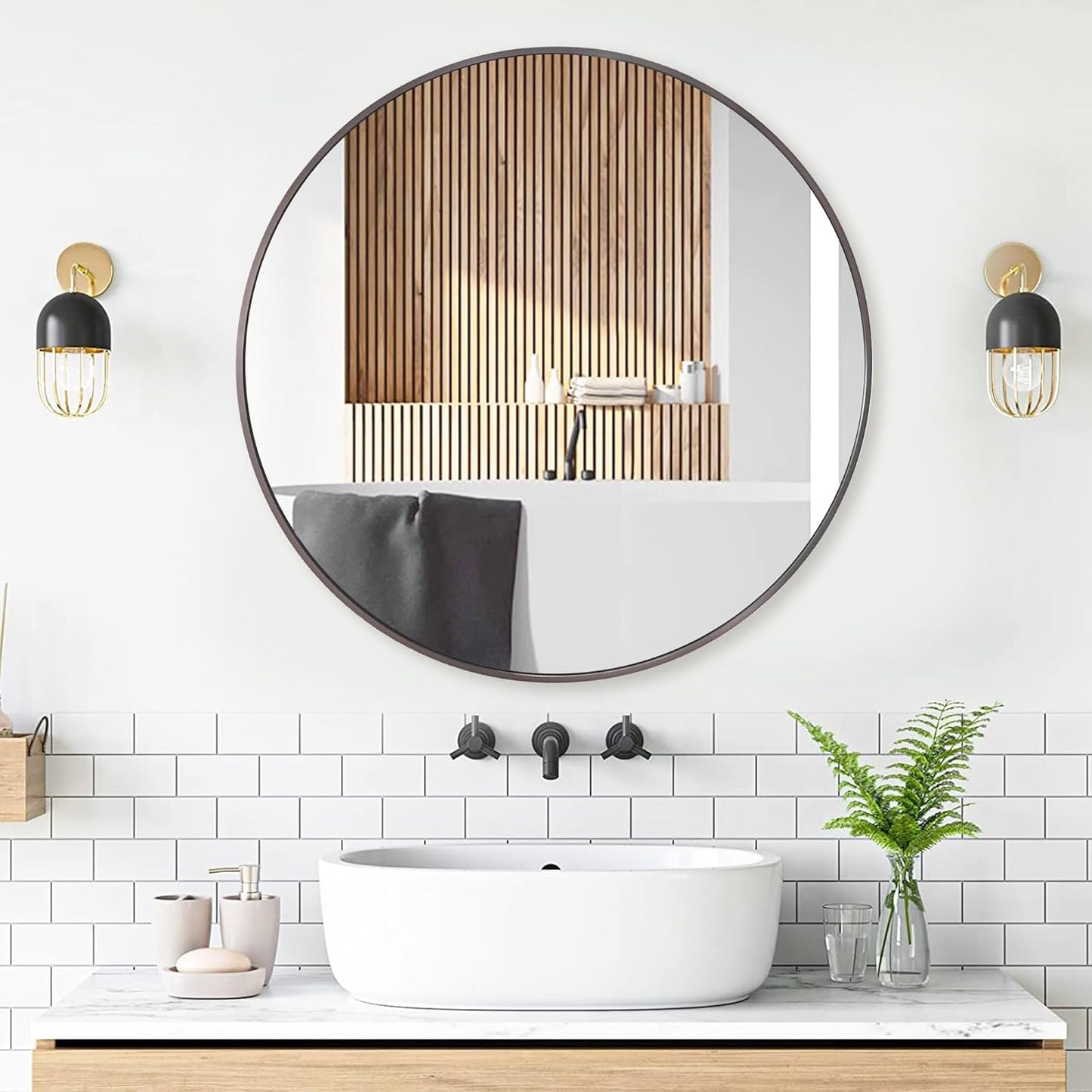 36 inch Dark Grey Circle Wall Mirror, Brushed Titanium Metal Framed Round Mirror for Bathroom Vanity, Bedroom Decor, Living Room, Entryway
