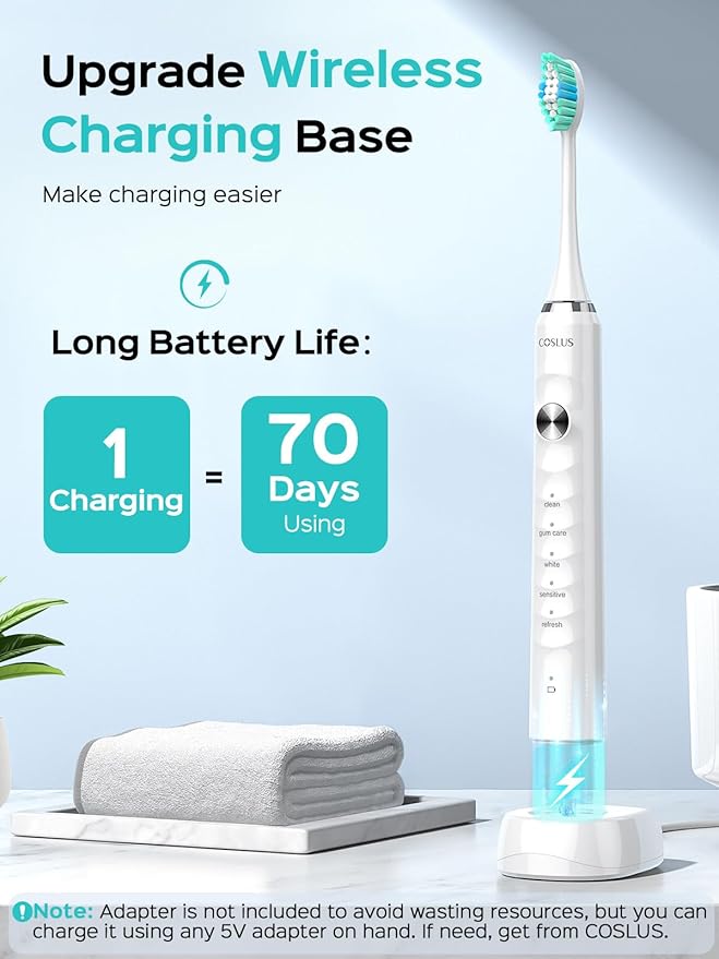 COSLUS Sonic Electric Toothbrush for Kids & Adults: 47000 VPM for Deep Cleaning & Whitening with Travel Case - 5 Modes for Sensitive Teeth & Braces, Wireless Charging, 6 Brush Heads, White (1PC)