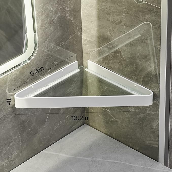 VOLPONE Bathroom Shelves Wall Mounted Glass Corner Shelf for Bathroom Floating Shelf Tempered Glass Wall Organizer 2-Tier(White)