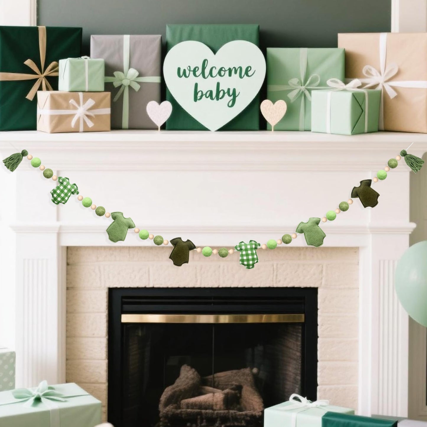Sage Green Plaid Baby Clothes Decorations Pre-Strung Handmade Felt Baby Clothes Wooden Bead Wool Felt Ball Banner Garland for Neutral Gender Reveal Baby Shower Party Nursery Fireplace Home Decor