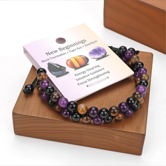 Raicegs New Beginnings Bracelet Natural Stones Black Tourmaline Tiger Eye Amethyst Beaded Bracelet for Men Women Healing Crystal Bracelet