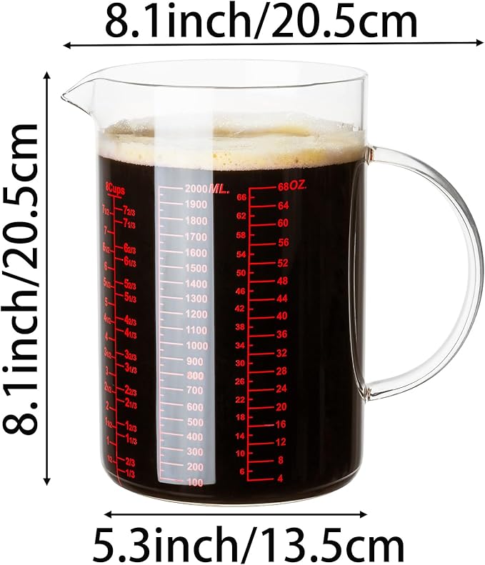 Glass Measuring Cup-[Insulated handle | V-Shaped Spout]-Made of High Borosilicate Glass Measuring Cup for Kitchen or Restaurant, Easy to Read, 2000 ML (64 Oz, 8 Cup)