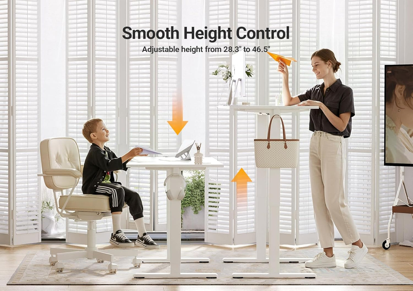 Seang Electric Standing Desk Adjustable Height, 40 x 24 Inch Sit Stand Desk with T-Shaped Frame, 3 Memory Presets & Cable Management for Home Office Computer Workstation, White Frame/White Top