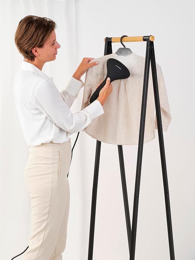 Brabantia - Steam Clothes Hanger - Solid Surface for High-Pressure Steaming on Collars and Shoulders - Quick & Easy Results - Double-Sided Use - Versatile 360° Rotating Hook - Pepper Black