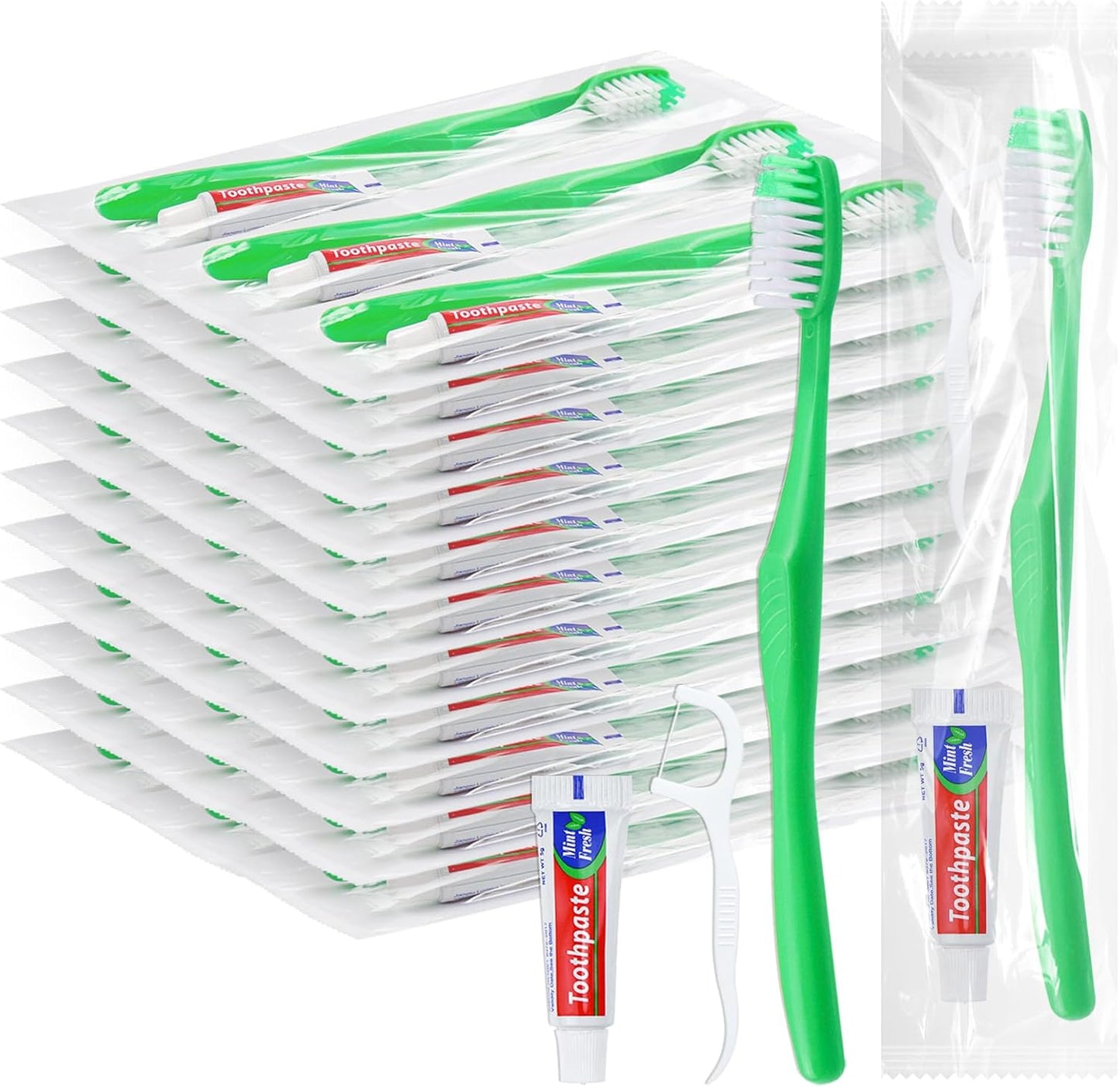 Disposable Toothbrushes with Toothpaste and Floss,30Pcs Green Single Use Individually Wrapped Disposable Travel Toothbrushes and Dental Floss Kit Bulk for Homeless,Airbnb,Hotel,Dentist