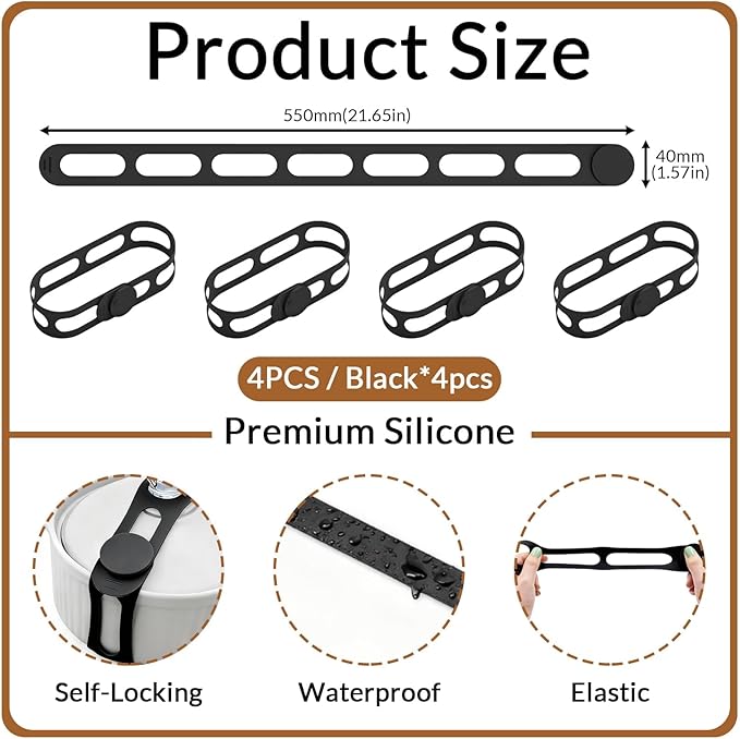 Silicone Utility Strap for Slow Cooker Lid, Pot, Bento Box, 21.65 In Reusable Elastic Self-Lock Silicone Tie for Bundling or Organizing Curtain, Cords, Yoga Mat, Camping Mat, 4pcs (Black)