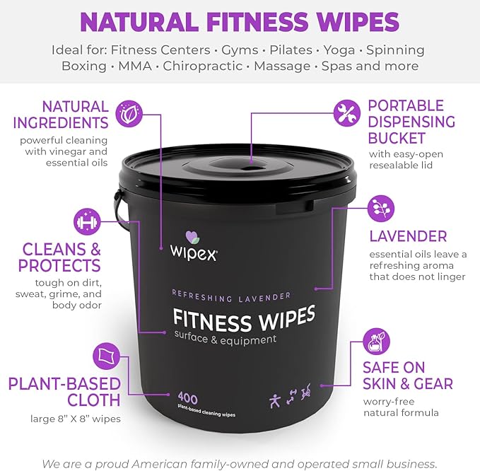 Wipex Gym Wipes – Natural Fitness Equipment Wipes, Plant-Based Cloth - Lavender & Vinegar to Clean Surfaces, Safe Yoga Mat Cleaner, All Purpose Gym Cleaner, Peloton Bikes, 400 Count (2 Pk)