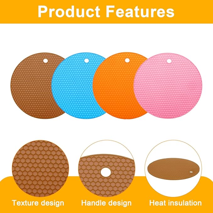 uxcell 4pcs Silicone Jar Opener Pads, 17.5cm/7" Texture Can Opener Multipurpose Round Bottle Lid Opener Non-Slip Coasters for Weak Hands Seniors Children, Brown/Pink/Orange/Blue
