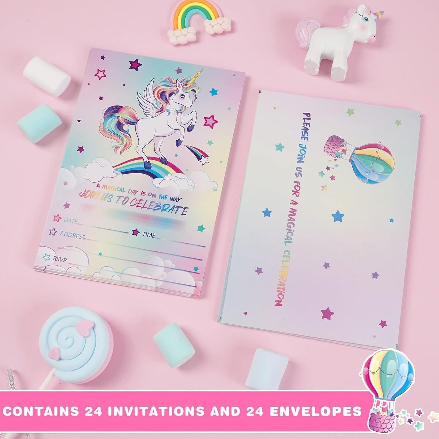 WERNNSAI 24PCS Unicorn Birthday Invitation - Rainbow Unicorn Party Supplies Fill-in lInvitations with Envelopes for Girls Birthday Baby Shower Double-sided Printed Invite Cards