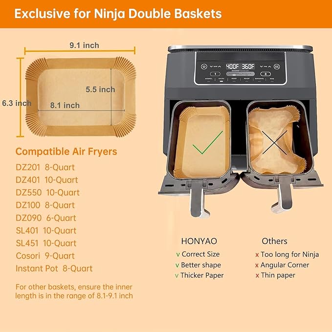 HONYAO Air Fryer Paper Liners for Dual Zone Airfryer, 8.1x5.5 inch Rectangle Disposable Baking Inserts for Ninja Foodi DZ201/401, 8-10 Quart Double Basket Food Grade Accessories BPA free