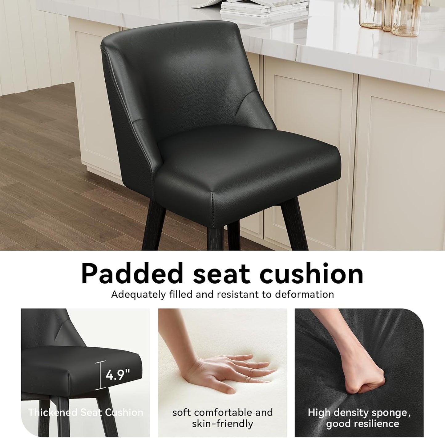 Vipbear Swivel Counter Height Bar Stools Set of 2,26.8" H Counter Stools with Back, Mid Century Modern Bar Stools for Kitchen Island,Faux Leather,Wooden Base, Black